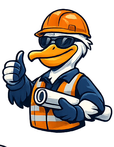 Pete the Pelican in a hard hat giving a thumbs up with blueprints