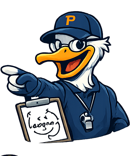 Pete the Pelican as a coach with a whistle and clipboard