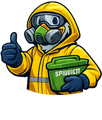 Pete the Pelican in a hazmat suit giving a thumbs up