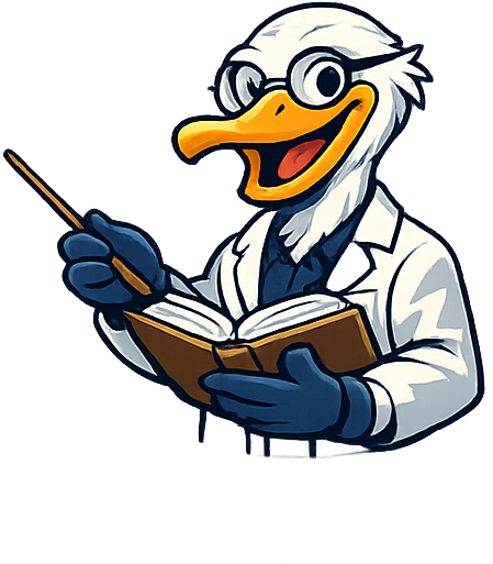 Pete the Pelican as a professor reading a book